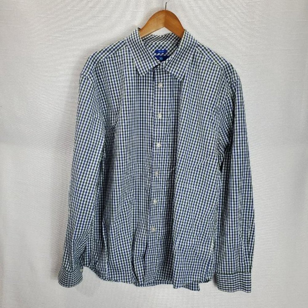 Egara Button Up Shirt Mens XXL Blue/Green Checkered Plaid Non-Iron Long Sleeve